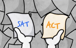 Hands holding papers with SAT and ACT written on them