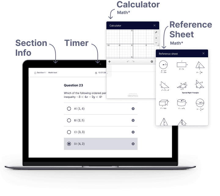 preview of test environment: section info, timer, calculator, reference sheet