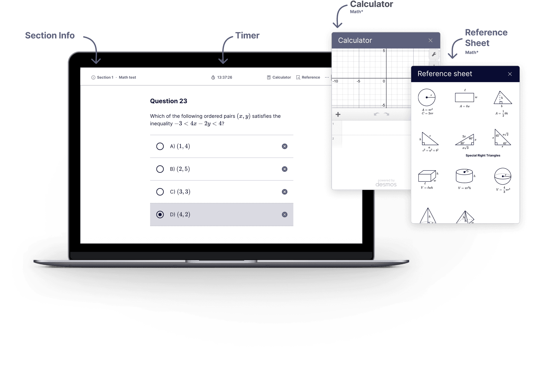 preview of test environment: section info, timer, calculator, reference sheet