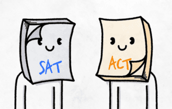 Man characters their heads are papers with SAT and ACT written on them