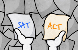Hands holding papers with SAT and ACT written on them